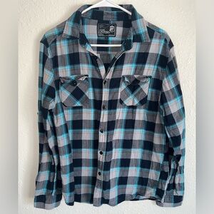 Boys XL Elixir Black and Blue Plaid Flannel Button Down Shirt Size Junior